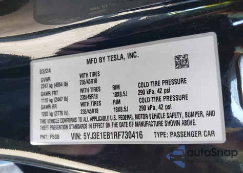 2024 Tesla Model 3 Long Range Dual Motor All-Wheel Drive z USA, uszkodzony, nr VIN 5YJ3E1EB1RF730416